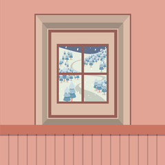 Natural Landscape View Through The Window Vector Illustration.