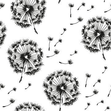 Dandelion and seeds blowing in the wind seamless pattern