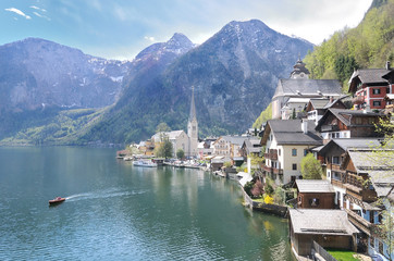 View of Hallstatt village with Hallstatt Lake in the Austrian Mo