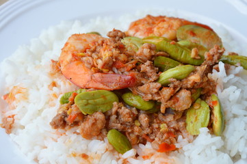 spicy stir fried twisted cluster bean with shrimp on rice