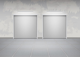 Storefront or shopfront is a facade or commercial building. Exterior with door and floor or entryway for retail shop or store. Protection with security shutter or roller door. Vector illustration.