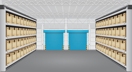 Warehouse or industrial building. Consist of cargo box on shelf and empty space. Use as distribution center for loading, storage, warehousing, shipping and freight forwarding. Vector illustration.