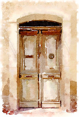 Digital watercolour painting of an old wooden door in Spain.