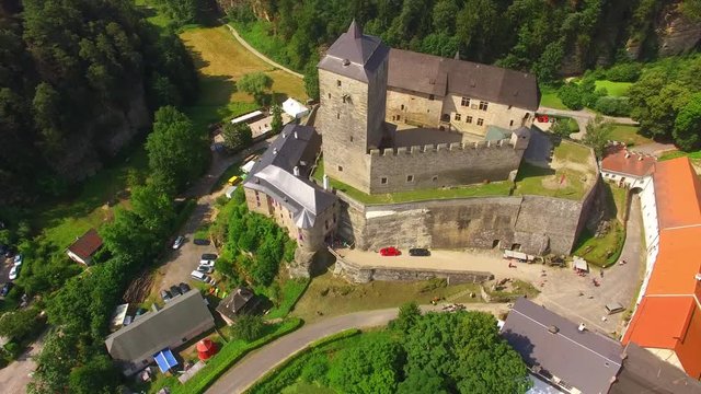 Gothic castle Kost in National Park Cesky Raj (Czech Paradise). Aerial view to medieval monument in Czech Republic. Central Europe. 