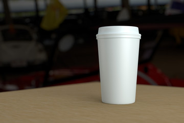 Paper coffee cup with lid mock-up on wood table depth of field p