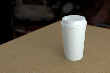 Paper coffee cup with lid mock-up on wood table depth of field p