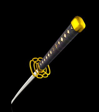 Japan Katana sword isolated on black background, 3D rendering