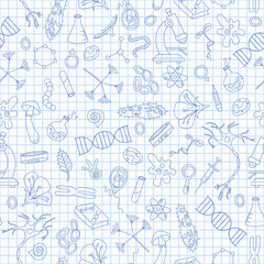 Seamless pattern with hand drawn icons on the theme of biology,dark blue outline on notebook sheet in a cage