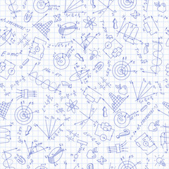 Seamless pattern with formulas,graphs, and equipment as the subject of physics,dark blue outline on notebook sheet in a cage
