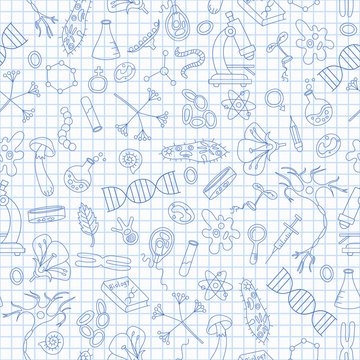 Seamless Pattern With Hand Drawn Icons On The Theme Of Biology,dark Blue Outline On Notebook Sheet In A Cage