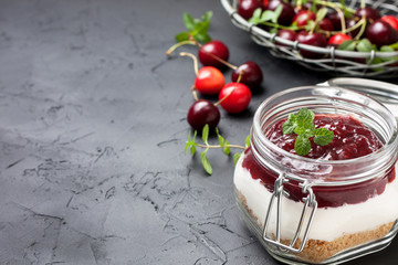  cheesecake in a glass jar with cherries