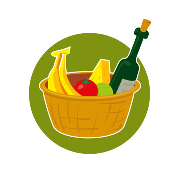 Straw picnic basket with food, vector illustration