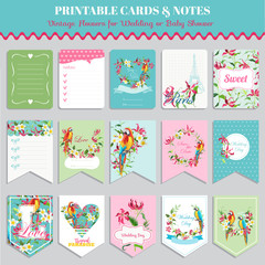 Tropical Flowers and Parrot Birds Card Set. Birthday, Wedding, Baby Shower