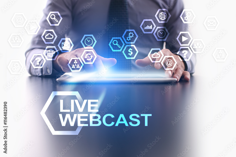 Poster businessman is using tablet pc and selecting live webcast icon.