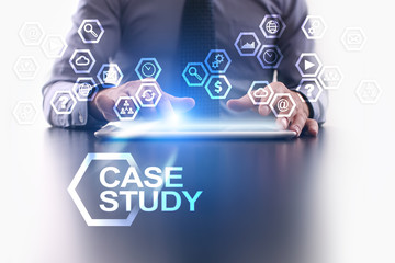 Businessman is using tablet pc and selecting Case study icon.