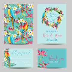 Save the Date Card - Tropical Flowers and Birds - for Wedding, Invitation