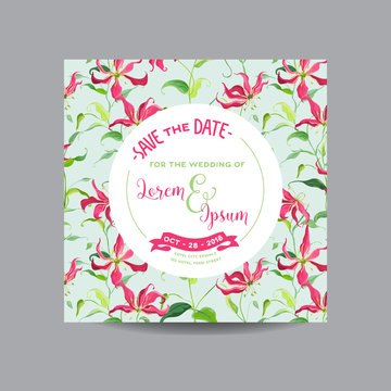 Save the Date Card. Tropical Flowers and Leaves. Wedding Invitation