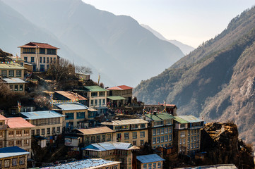 Namche Bazaar bird's-eye view in sunlight