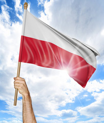 Person's hand holding the Polish national flag and waving it in the sky, 3D rendering