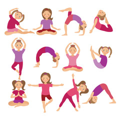 Kids Yoga Poses Vector Illustration. Child doing exercises. Posture for Kid. Healthy Children Lifestyle. Babies gymnastics. Sports girls on White Background. Oriental Meditation and Relaxation.