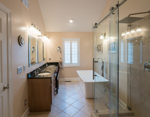 Modern bathroom with freestanding tub and vanity
