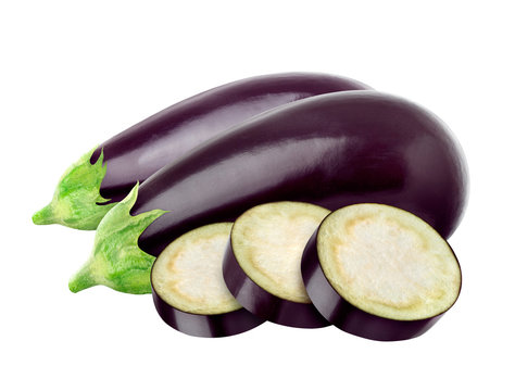 Whole aubergines and slices isolated on white background, with clipping path