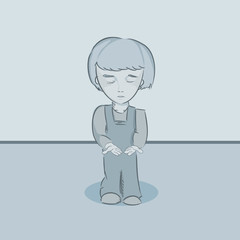 Cartoon  boy look at open hand vector illustration