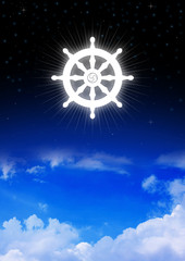 Dharma Wheel of Buddhism symbol on night sky