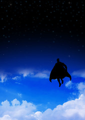 Superhero flying on clouds