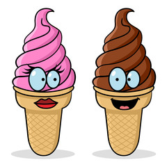Funny cartoon of strawberry and chocolate flavor ice cream