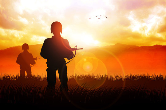 Silhouette illustration of soldiers on the grass field