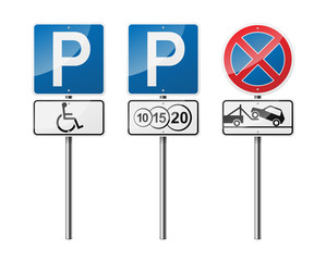 Set of 3 road signs, isolated on white background. Paid parking. EPS10 vector illustration.