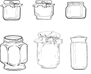 Set of graphic jars isolated on white background. Cartoon sketch drawn by ink. Hand drawn vector illustration.