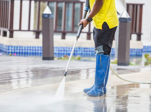 Close up Outdoor floor cleaning with high pressure water jet