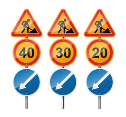 Set of 3 road signs, isolated on white background. Road works. Speed limit. Pointer. EPS10 vector illustration.