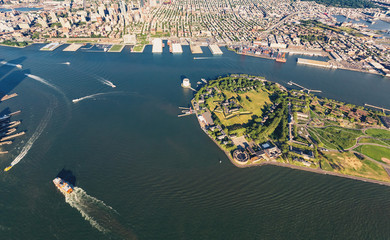 Aerial view of the Governors Island with Brooklyn in the background