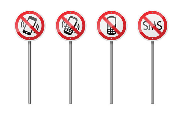 Set of 4 road signs, isolated on white background. No phones and sms. EPS10 vector illustration.