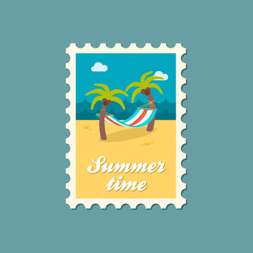 Hammock with palm trees on beach stamp. Vacation