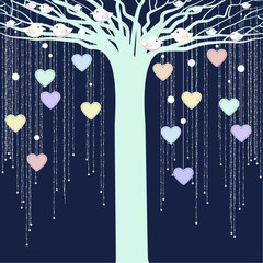 Plakaty  Projekt okładki. Drzewo z ptakami i sercami na ciemnym niebieskim tle.