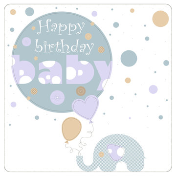 Greeting card for birthday child. Depicts an elephant holding balloons and blue circles of varying size. On the largest circle the phrase happy birthday baby. 