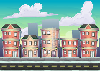Cartoon vector urban landscape with separated layers for game and animation, game design asset