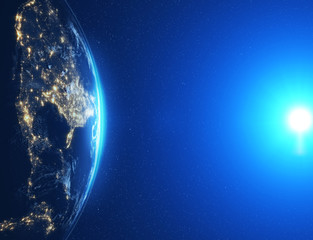 Highly detailed epic moon over world skyline. Planet earth Europe zone with night time city. 3D Rendering animation using satellite imagery (NASA)