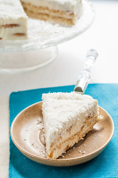 On a piece of coconut cake plate