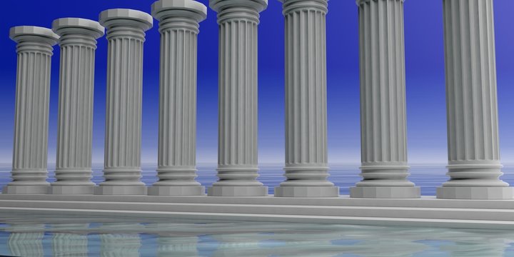 Eight white marble pillars on blue sky background. 3d illustration