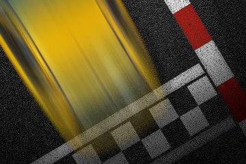 Level asphalted road with a dividing stripes and moving with high speed a yellow sport car. The...