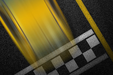Level asphalted road with a dividing stripes and moving with high speed a yellow sport car. The texture of the tarmac, top view.