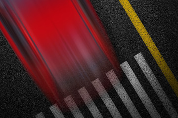 Level asphalted road with a dividing stripes, pedestrian crossing and moving with high speed a red car. The texture of the tarmac, top view.