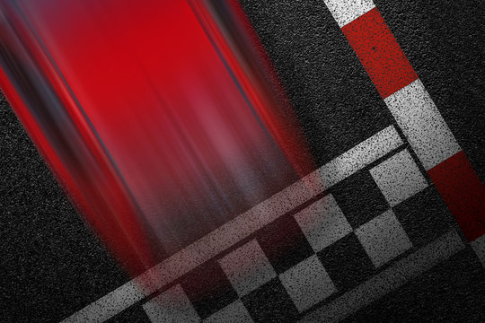 Level asphalted road with a dividing stripes and moving with high speed a red sport car. The texture of the tarmac, top view.