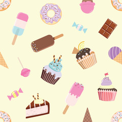 Birthday seamless pattern with sweets - ice cream, donuts, cupcakes, piece of cake, chocolate bar, candies.