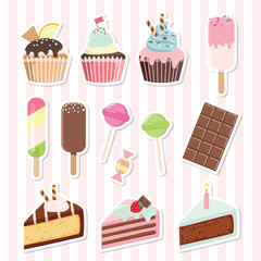 Cartoon sweets set. Birthday stickers paper cut.